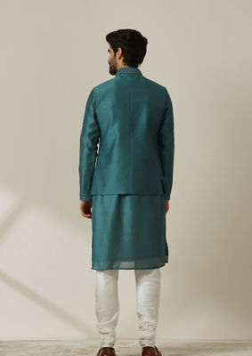 alt message - Twamev Men Dark Green Kurta Jacket Set image number 3