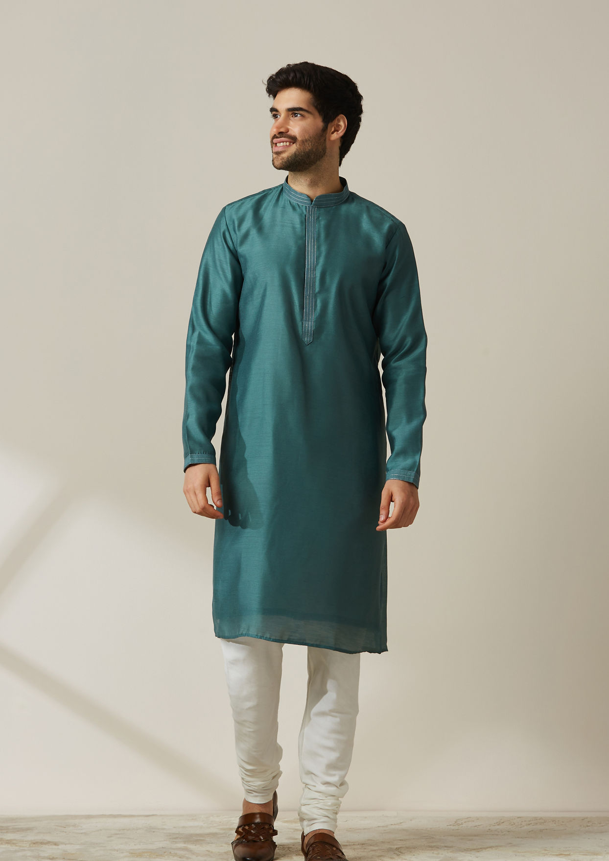 alt message - Twamev Men Dark Green Kurta Jacket Set image number 1