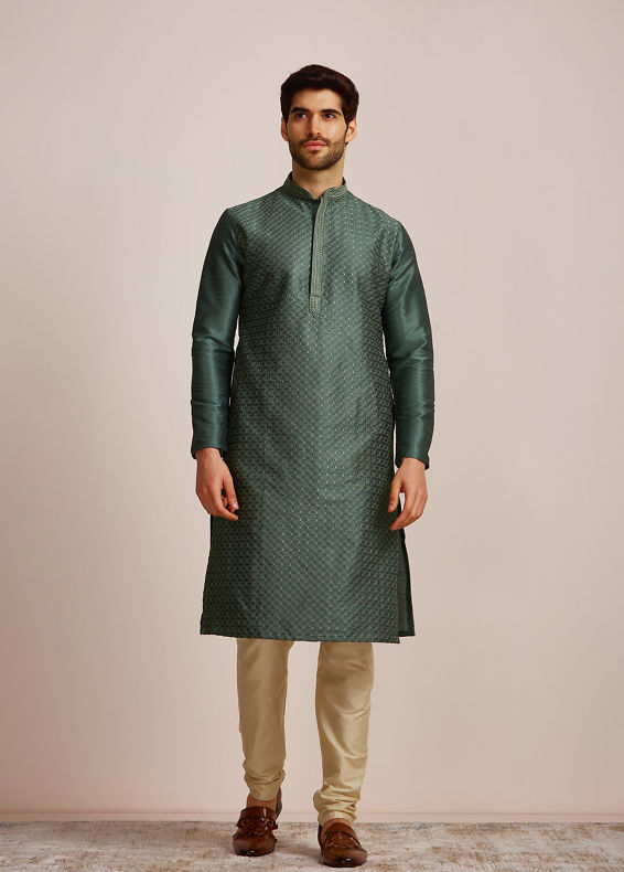 Manyavar Men Bottle Green Kurta Set 