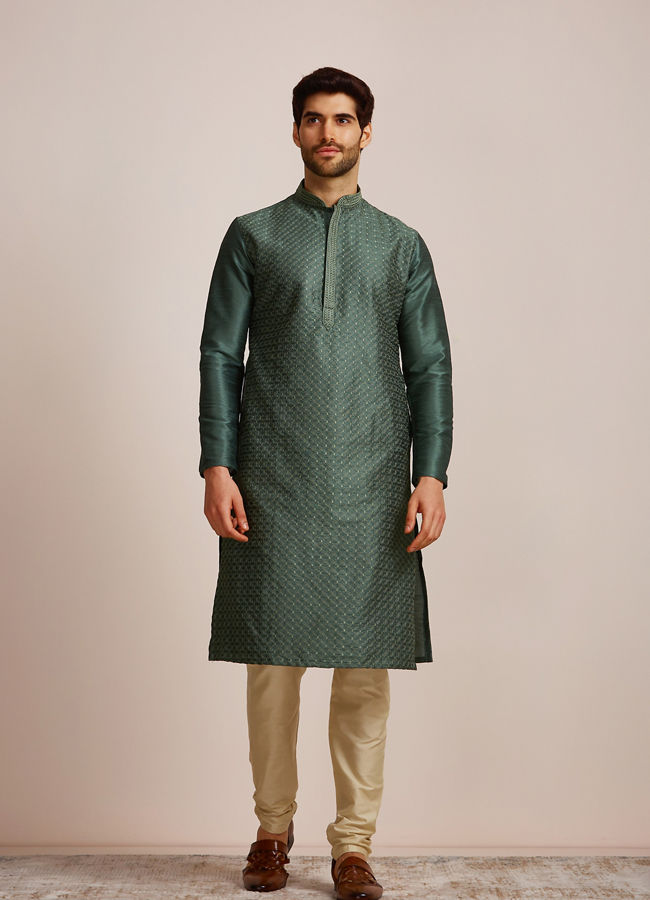 alt message - Manyavar Men Bottle Green Kurta Set  image number 1