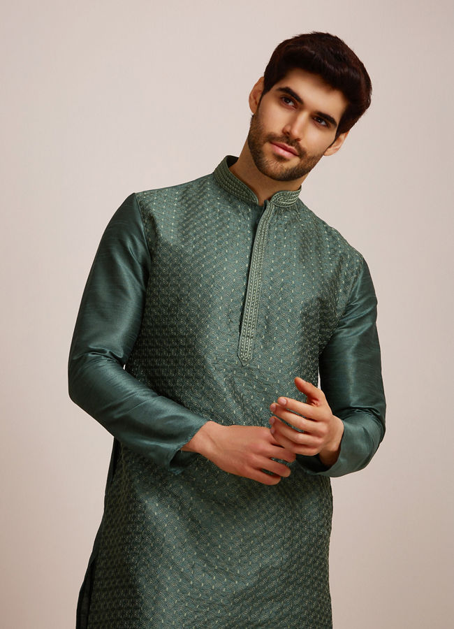 alt message - Manyavar Men Bottle Green Kurta Set  image number 0