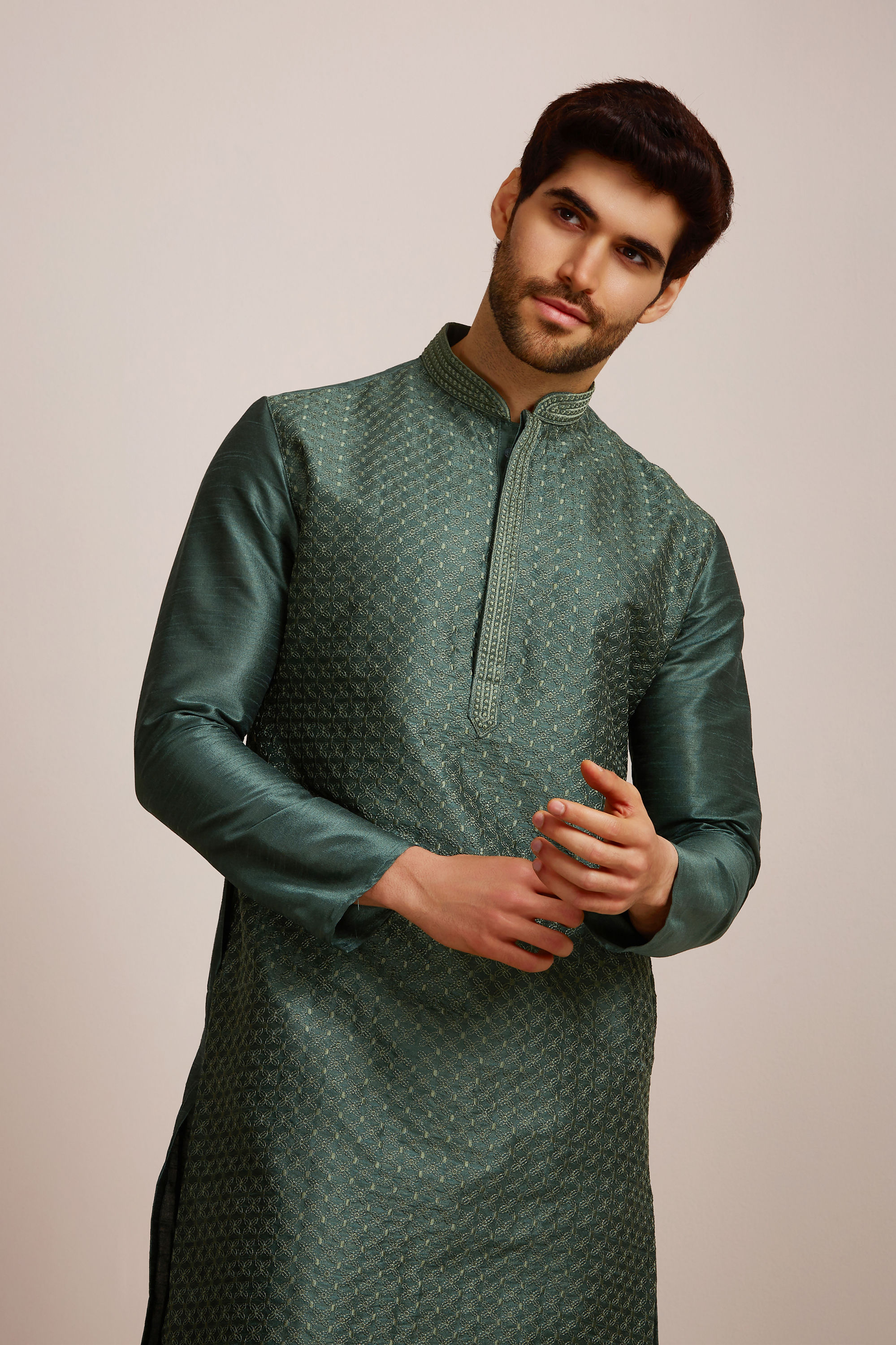 Manyavar Men Bottle Green Kurta Set 