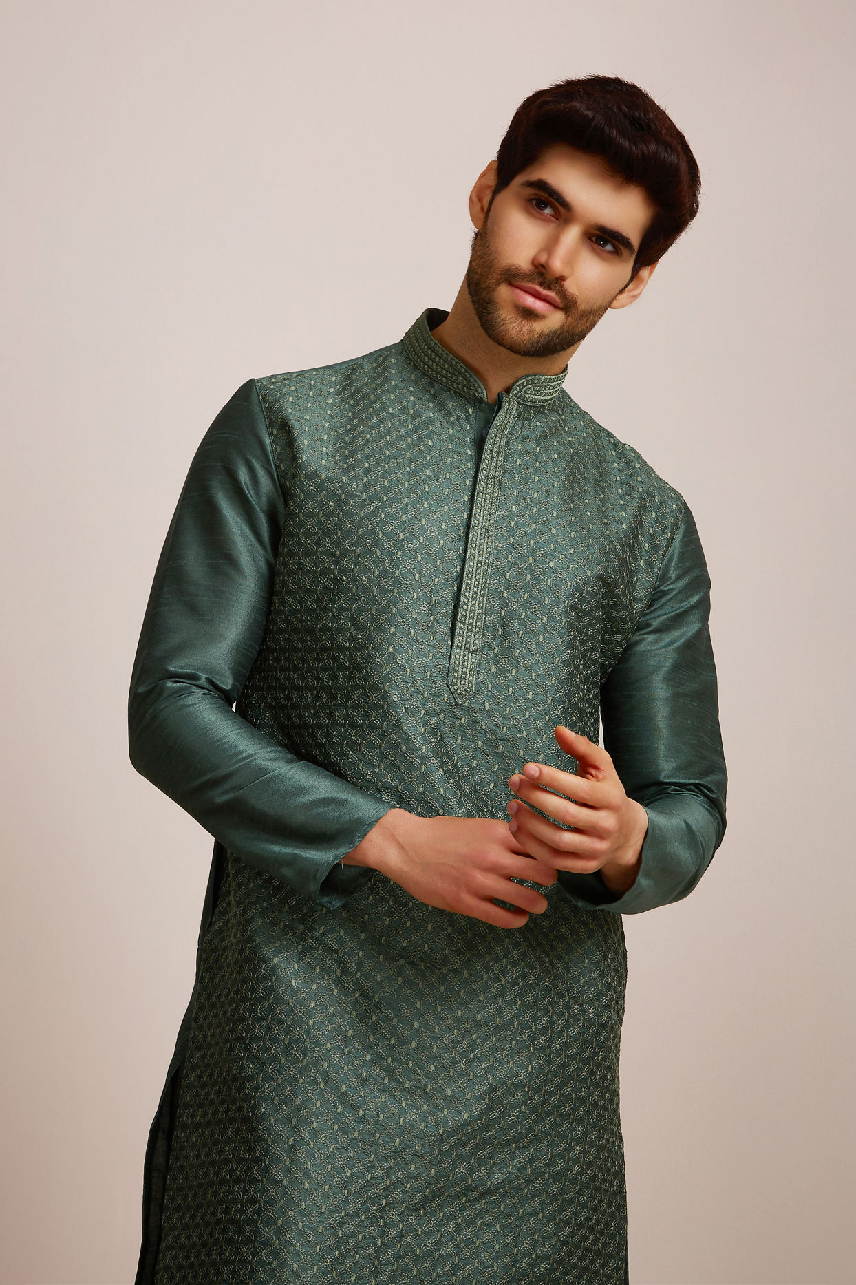 alt message - Manyavar Men Bottle Green Kurta Set  image number 0