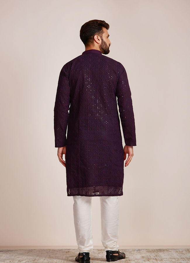 alt message - Manyavar Men Purple Georgette Kurta Set image number 4