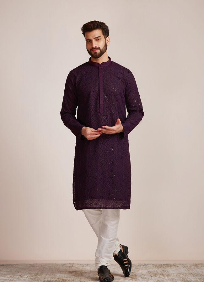 alt message - Manyavar Men Purple Georgette Kurta Set image number 1