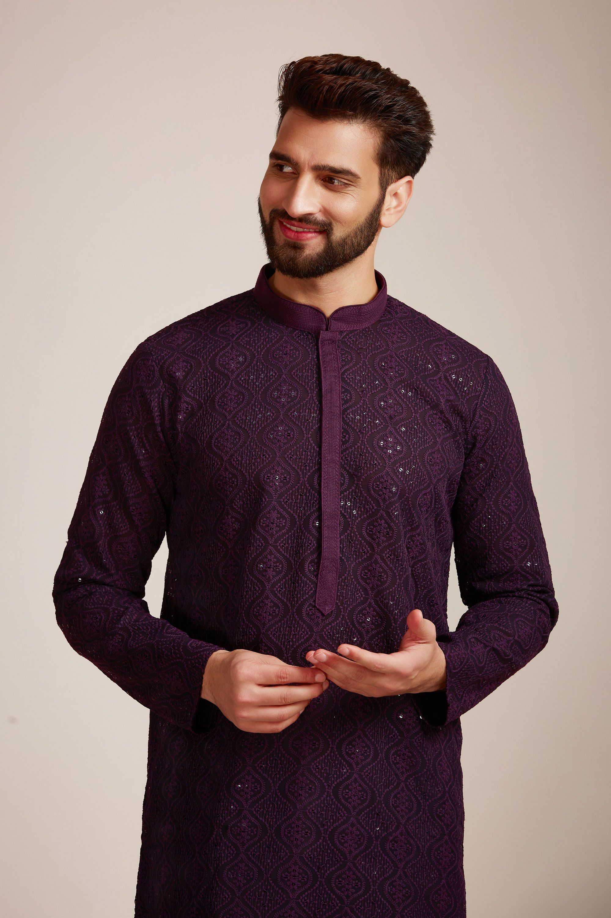 Manyavar Men Purple Georgette Kurta Set