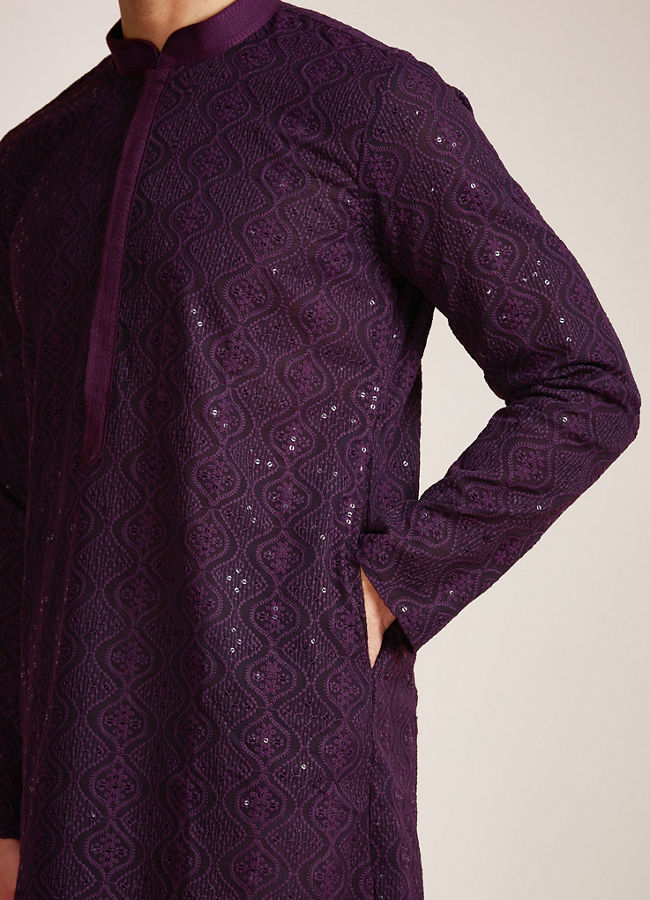 alt message - Manyavar Men Purple Georgette Kurta Set image number 2