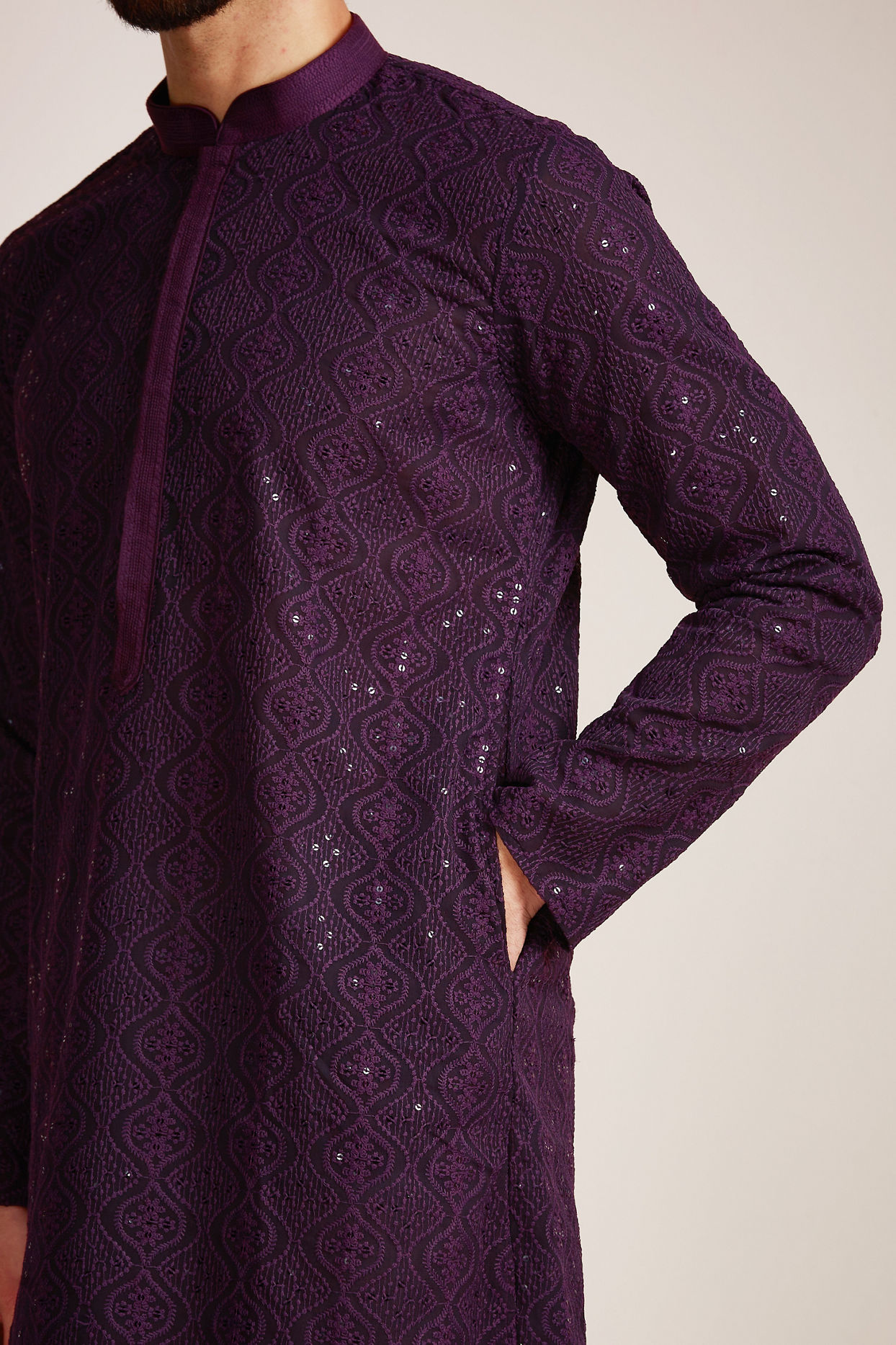 alt message - Manyavar Men Purple Georgette Kurta Set image number 2