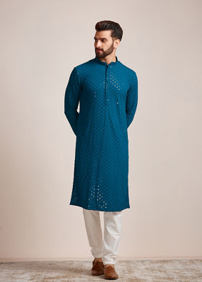 alt message - Manyavar Men Feroze Blue Chikankari Kurta Set image number 1