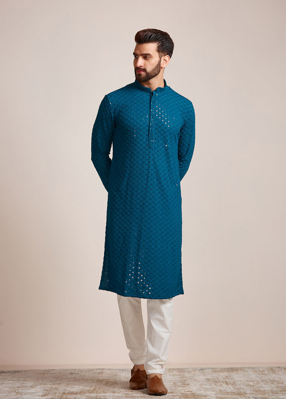 Manyavar Men Feroze Blue Chikankari Kurta Set