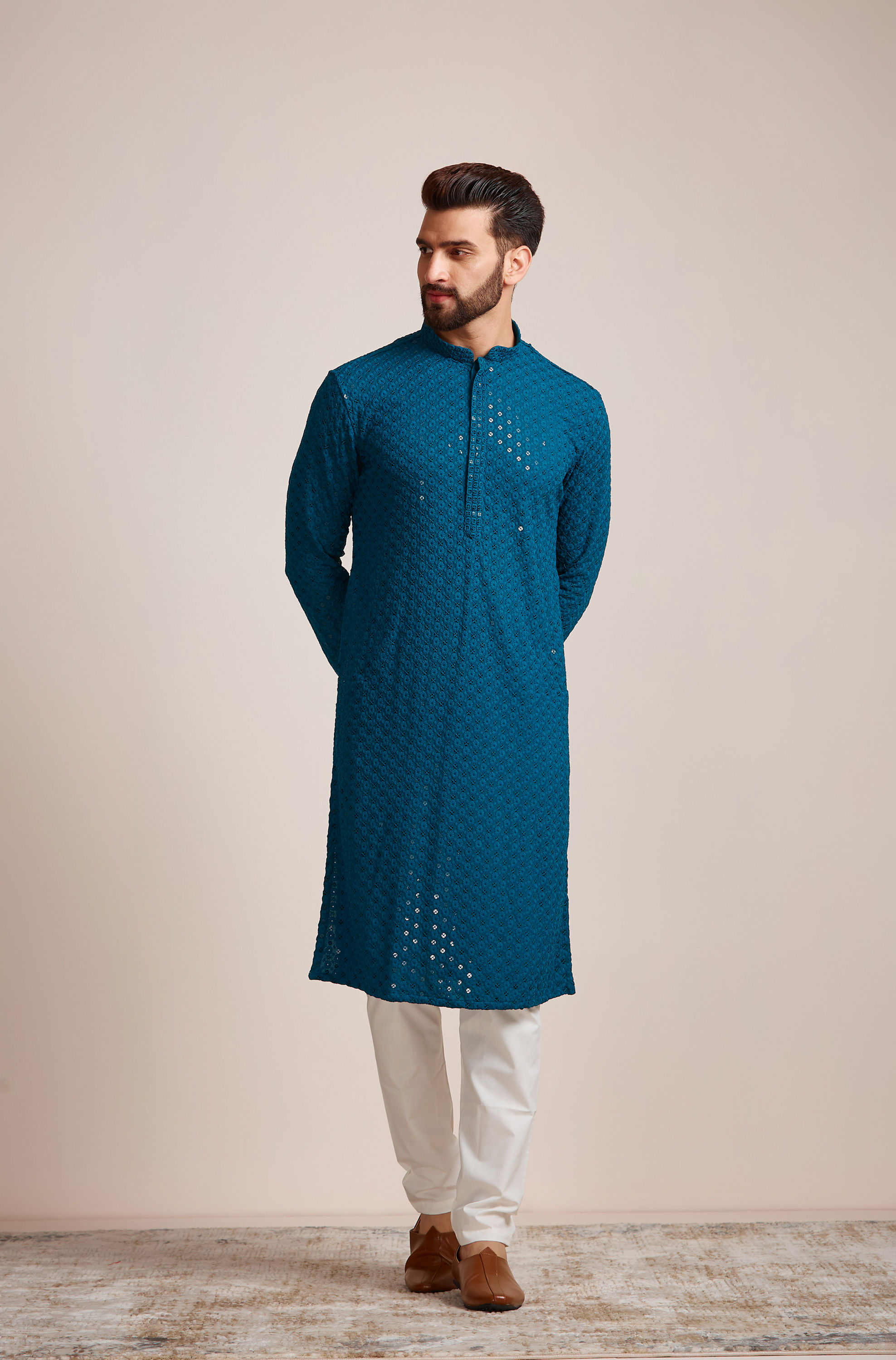 Manyavar Men Feroze Blue Chikankari Kurta Set