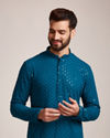 alt message - Manyavar Men Feroze Blue Chikankari Kurta Set image number 0