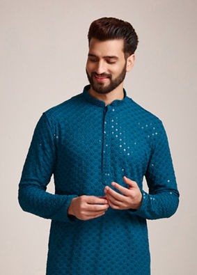 alt message - Manyavar Men Feroze Blue Chikankari Kurta Set image number 0