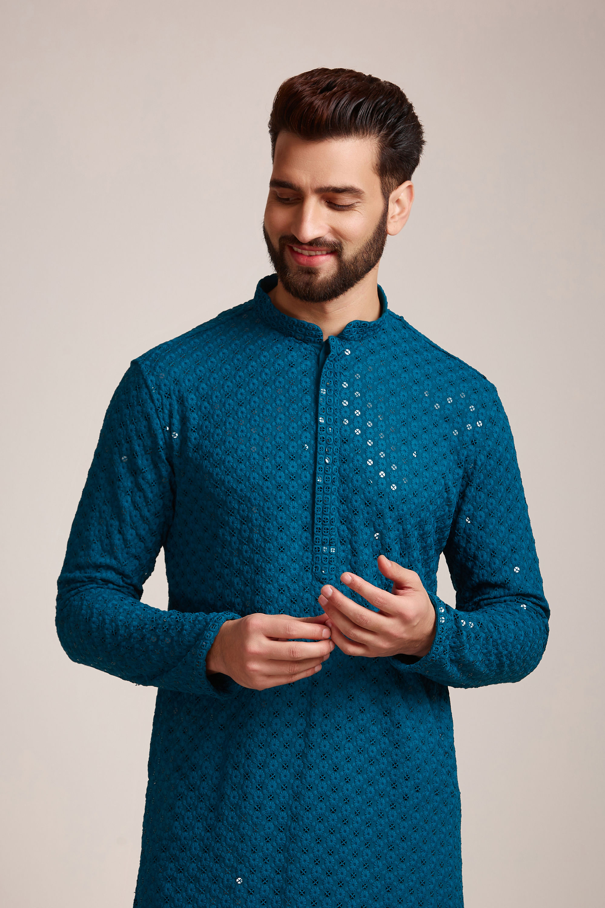 Manyavar Men Feroze Blue Chikankari Kurta Set