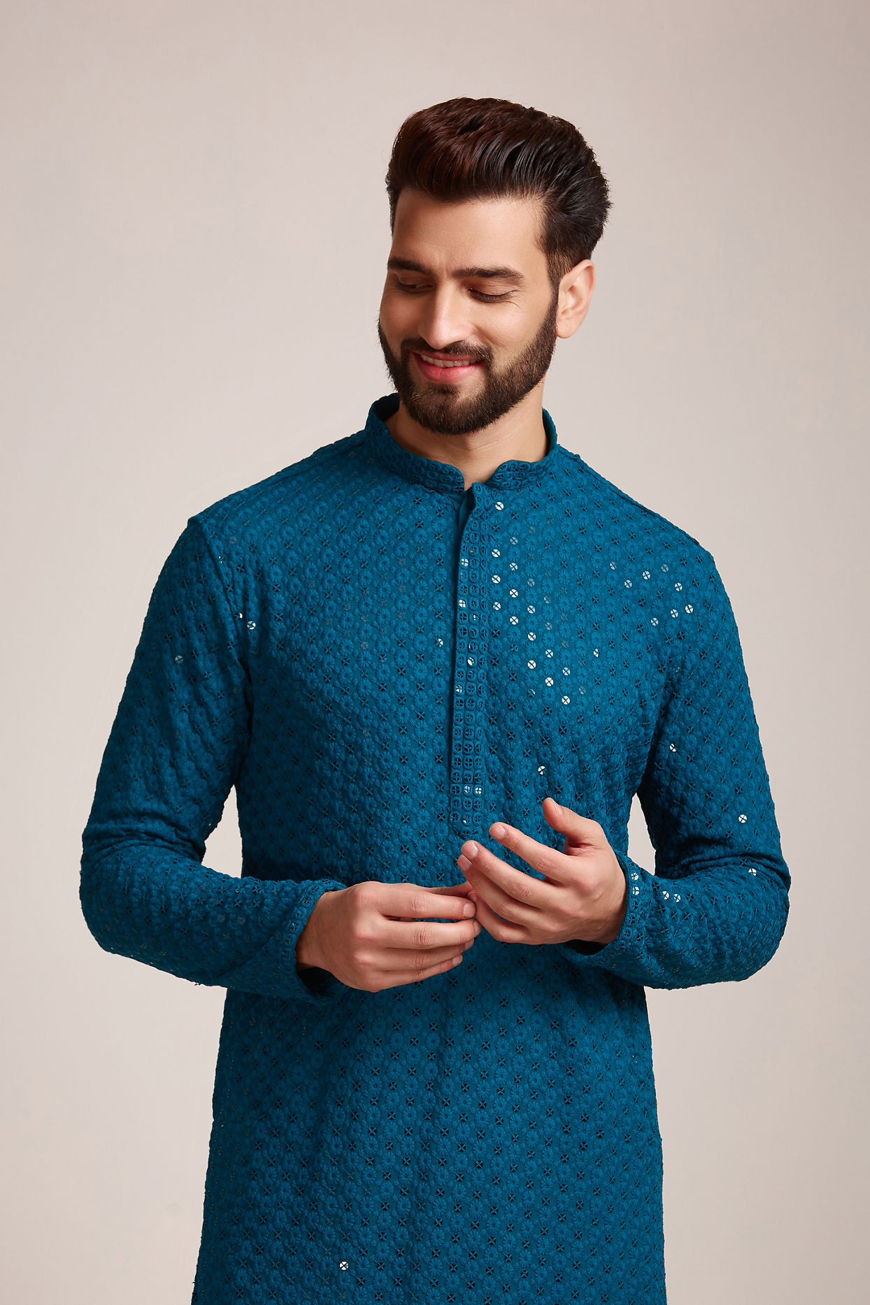 Buy Feroze Blue Chikankari Kurta Set Online in the USA Manyavar