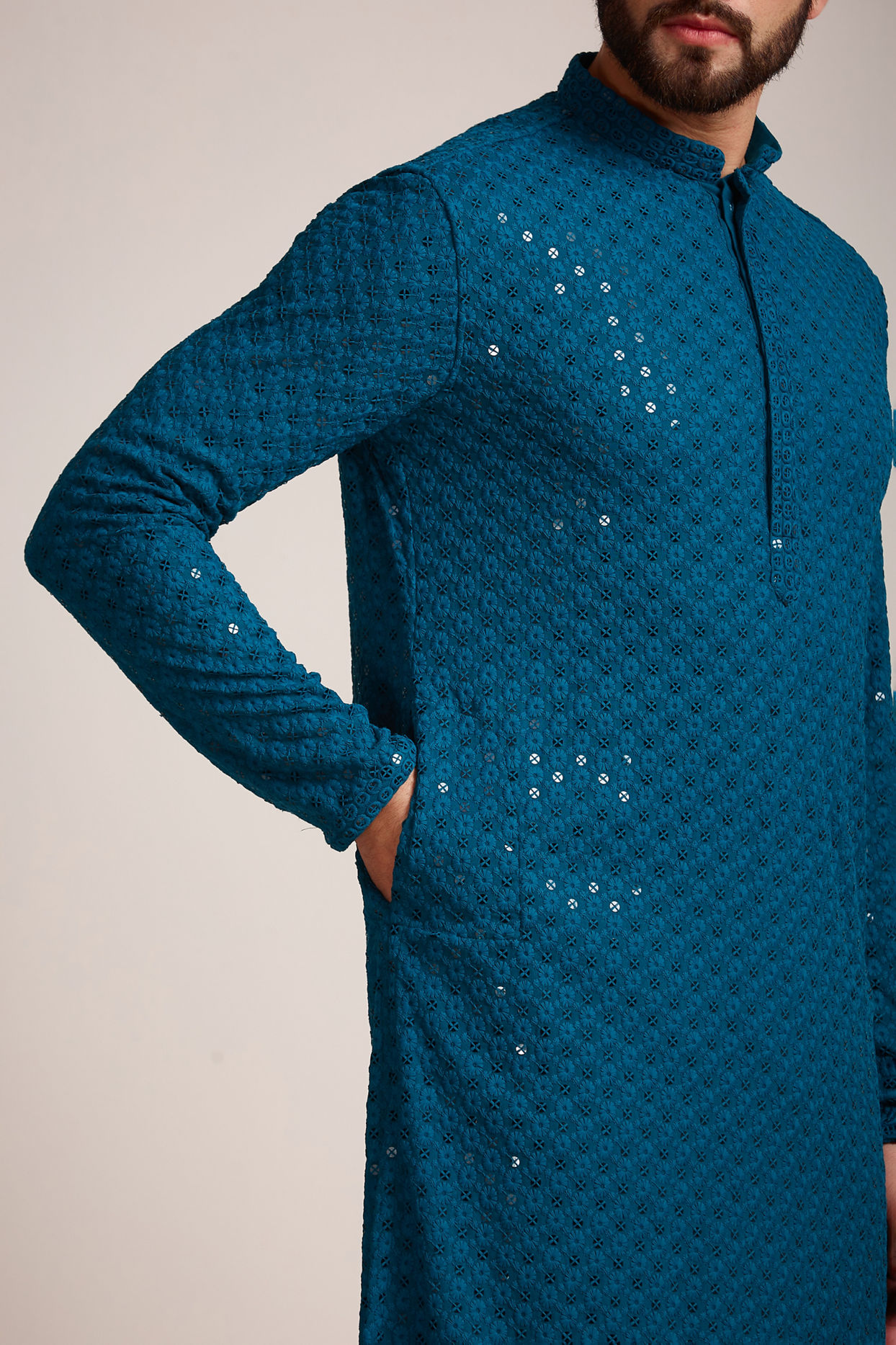 Manyavar Men Feroze Blue Chikankari Kurta Set
