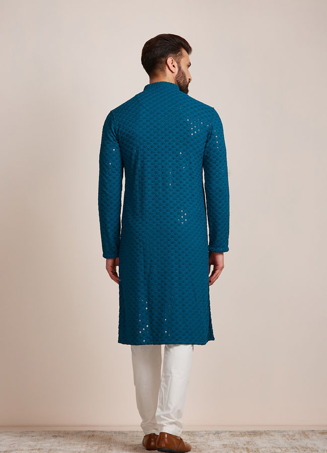 alt message - Manyavar Men Feroze Blue Chikankari Kurta Set image number 4