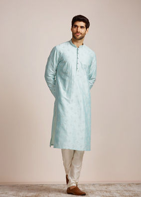 Manyavar Men Metallic Blue Patterned Kurta Set