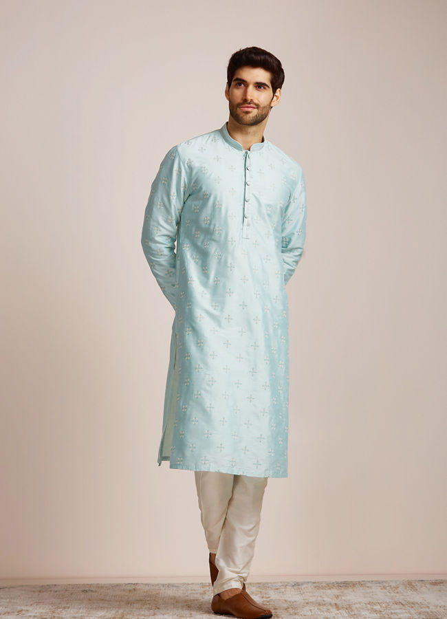 Manyavar Men Metallic Blue Patterned Kurta Set