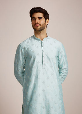 Manyavar Men Metallic Blue Patterned Kurta Set