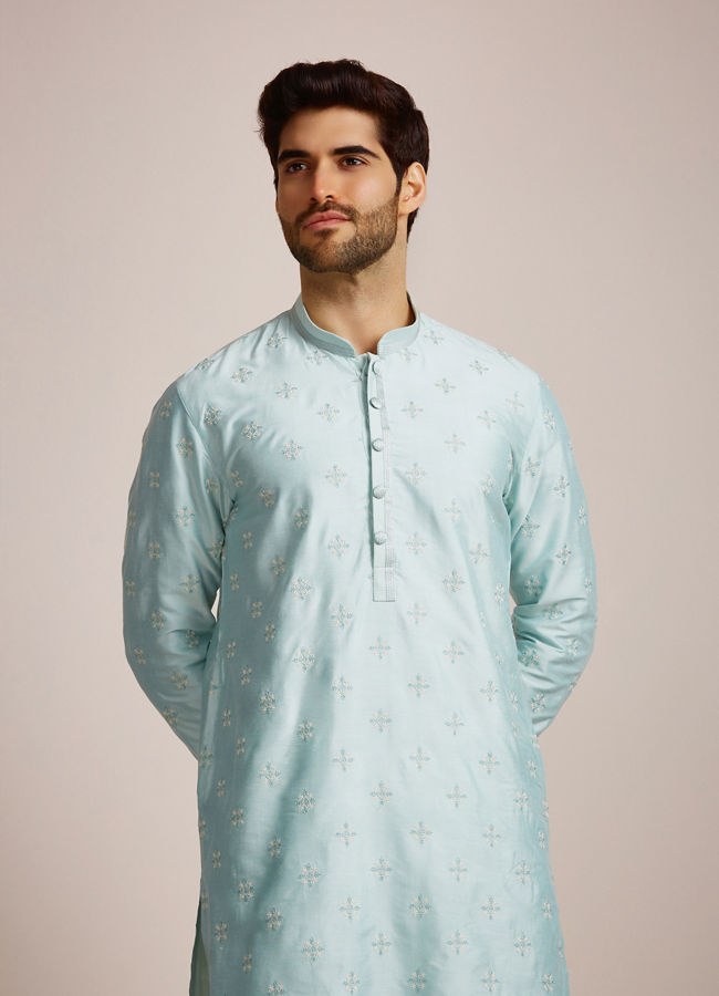 Manyavar Men Metallic Blue Patterned Kurta Set