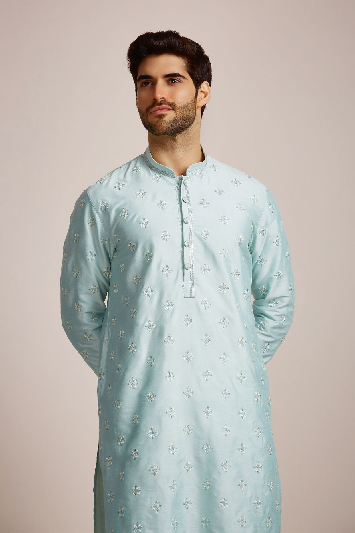 Manyavar Men Metallic Blue Patterned Kurta Set