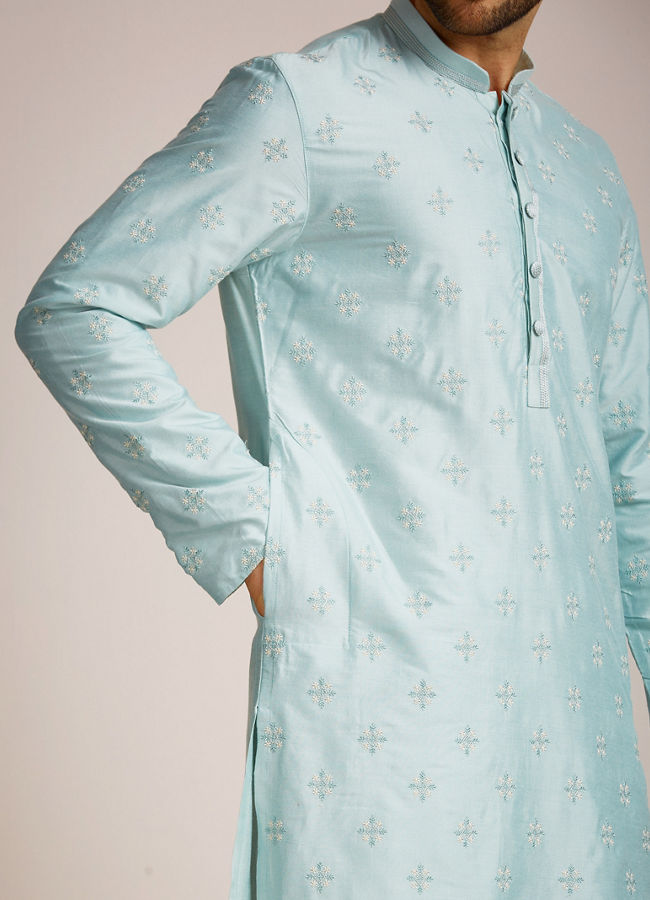 Manyavar Men Metallic Blue Patterned Kurta Set
