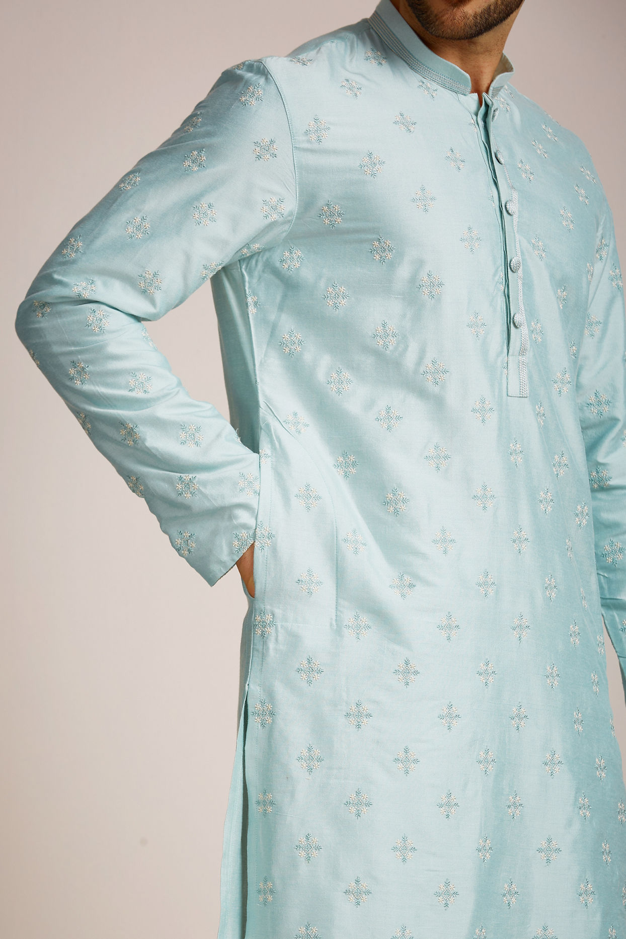 Manyavar Men Metallic Blue Patterned Kurta Set
