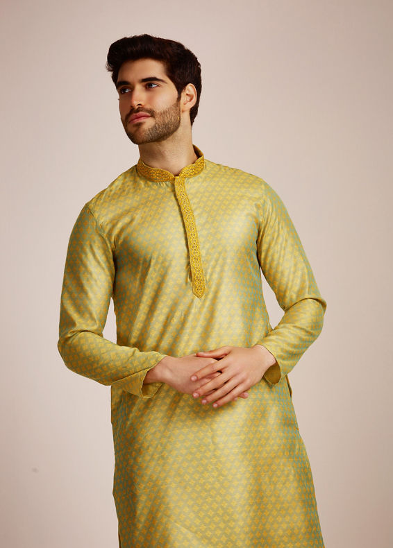 Manyavar Men Green Jacquard Patterned Kurta Set