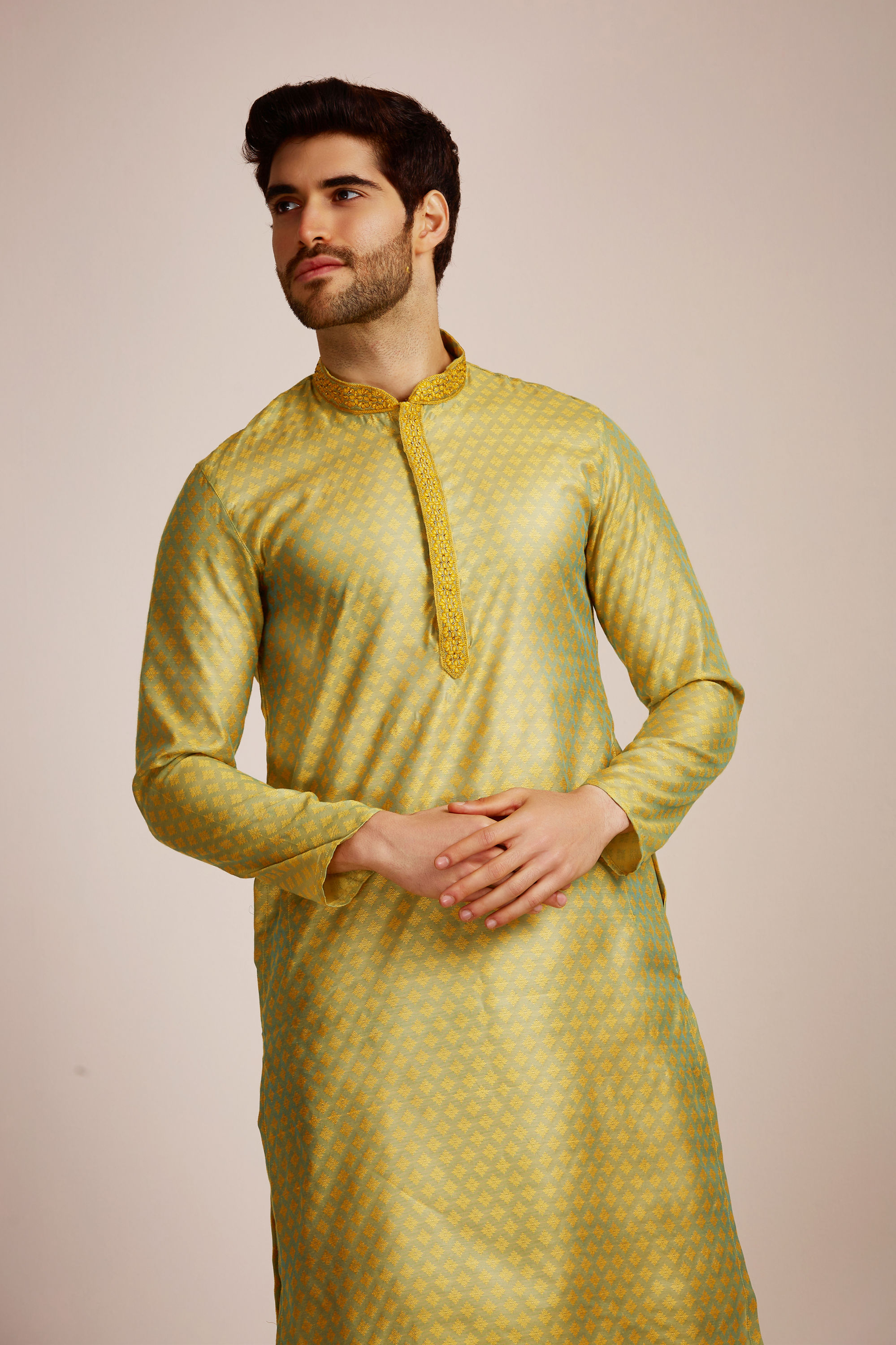 Manyavar Men Green Jacquard Patterned Kurta Set