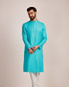 alt message - Manyavar Men Light Blue Plain Kurta Set image number 1