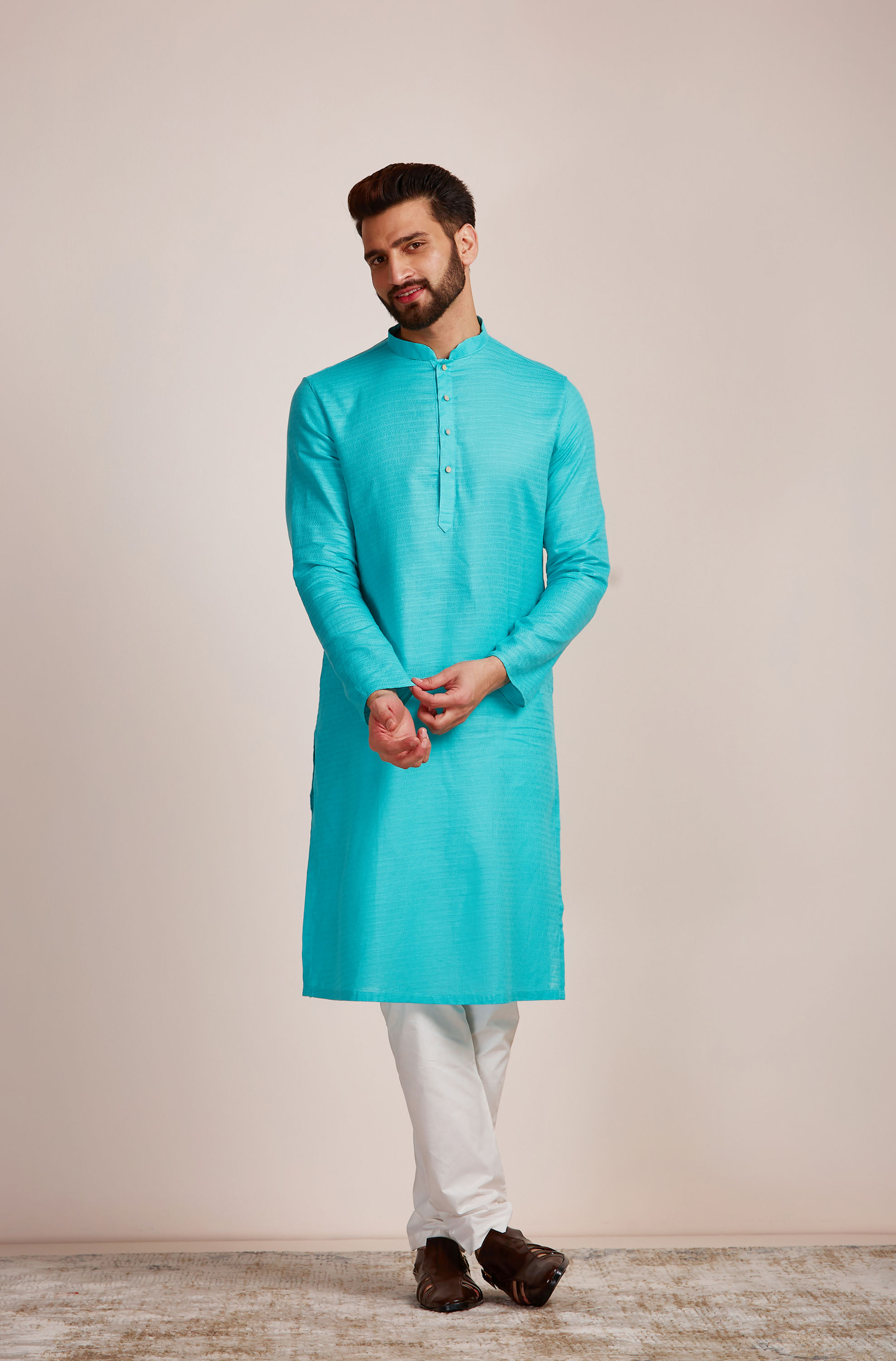 Manyavar Men Light Blue Plain Kurta Set