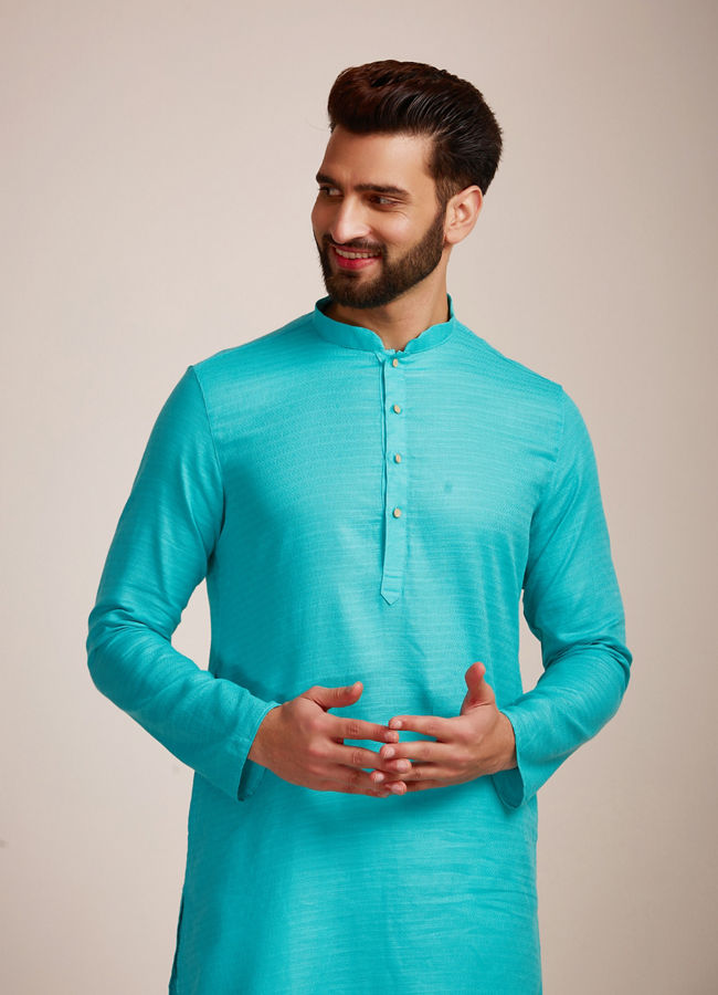 alt message - Manyavar Men Light Blue Plain Kurta Set image number 0