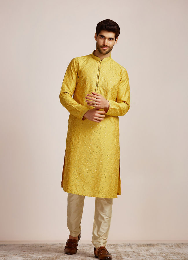 alt message - Manyavar Men Mustard Yellow Sequined Kurta Set image number 1