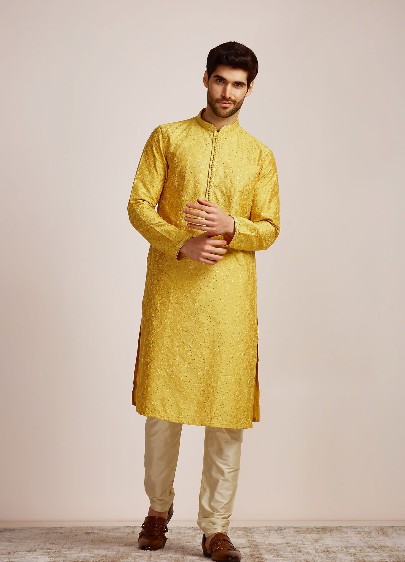 Manyavar Men Mustard Yellow Sequined Kurta Set