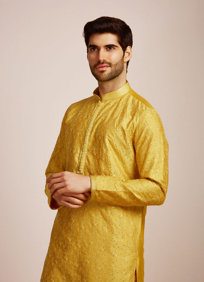 alt message - Manyavar Men Mustard Yellow Sequined Kurta Set image number 0