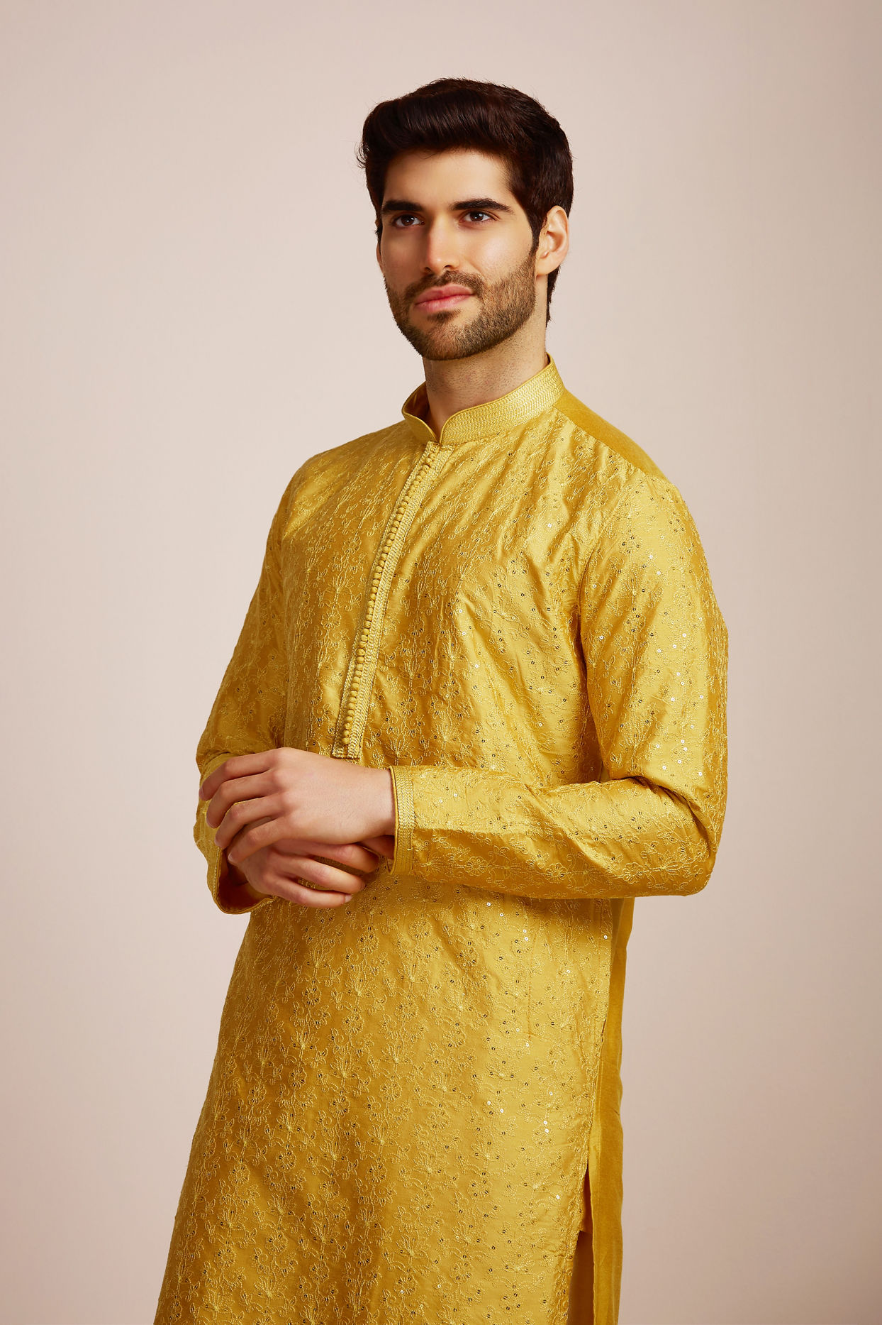 alt message - Manyavar Men Mustard Yellow Sequined Kurta Set image number 0