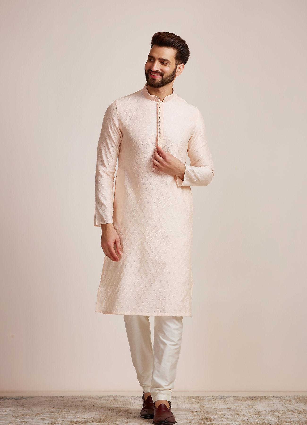 Manyavar Men Royal Pink Jacquard Kurta Set