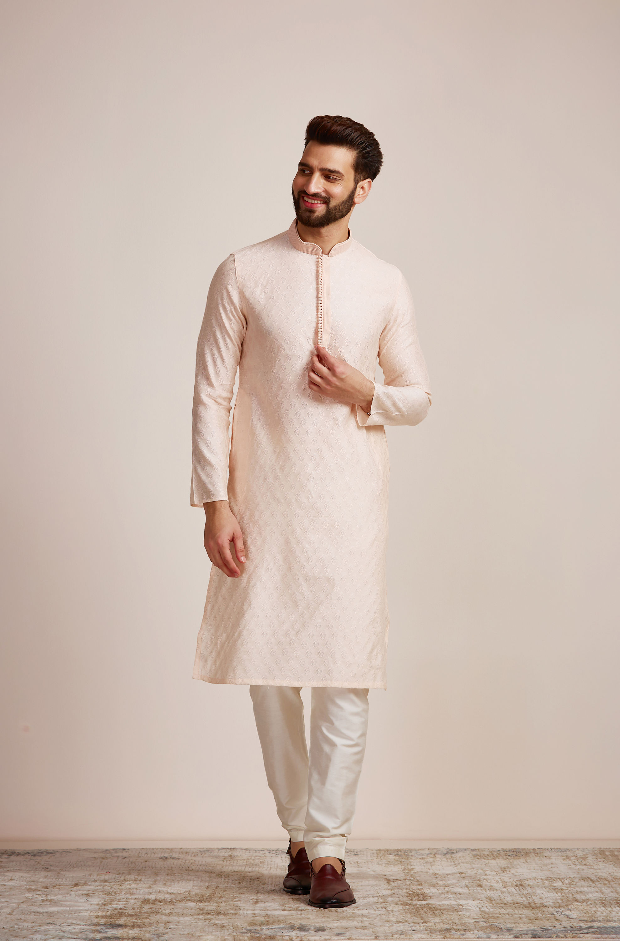Manyavar Men Royal Pink Jacquard Kurta Set