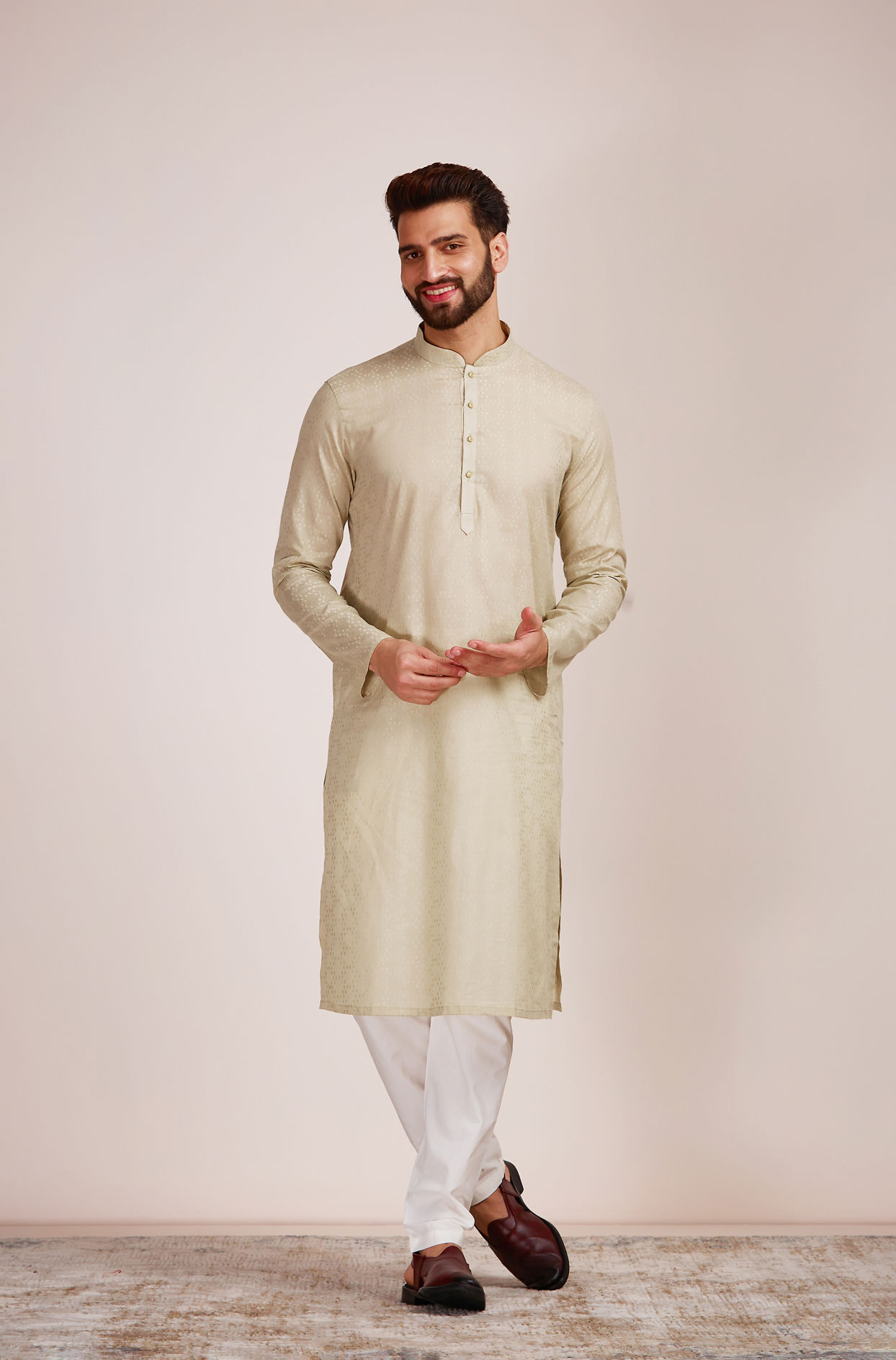Manyavar Men Light Pista Patterned Kurta Set 