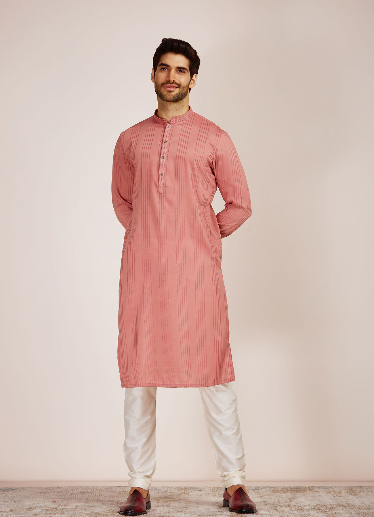 Manyavar Men Pink Striped Kurta Set