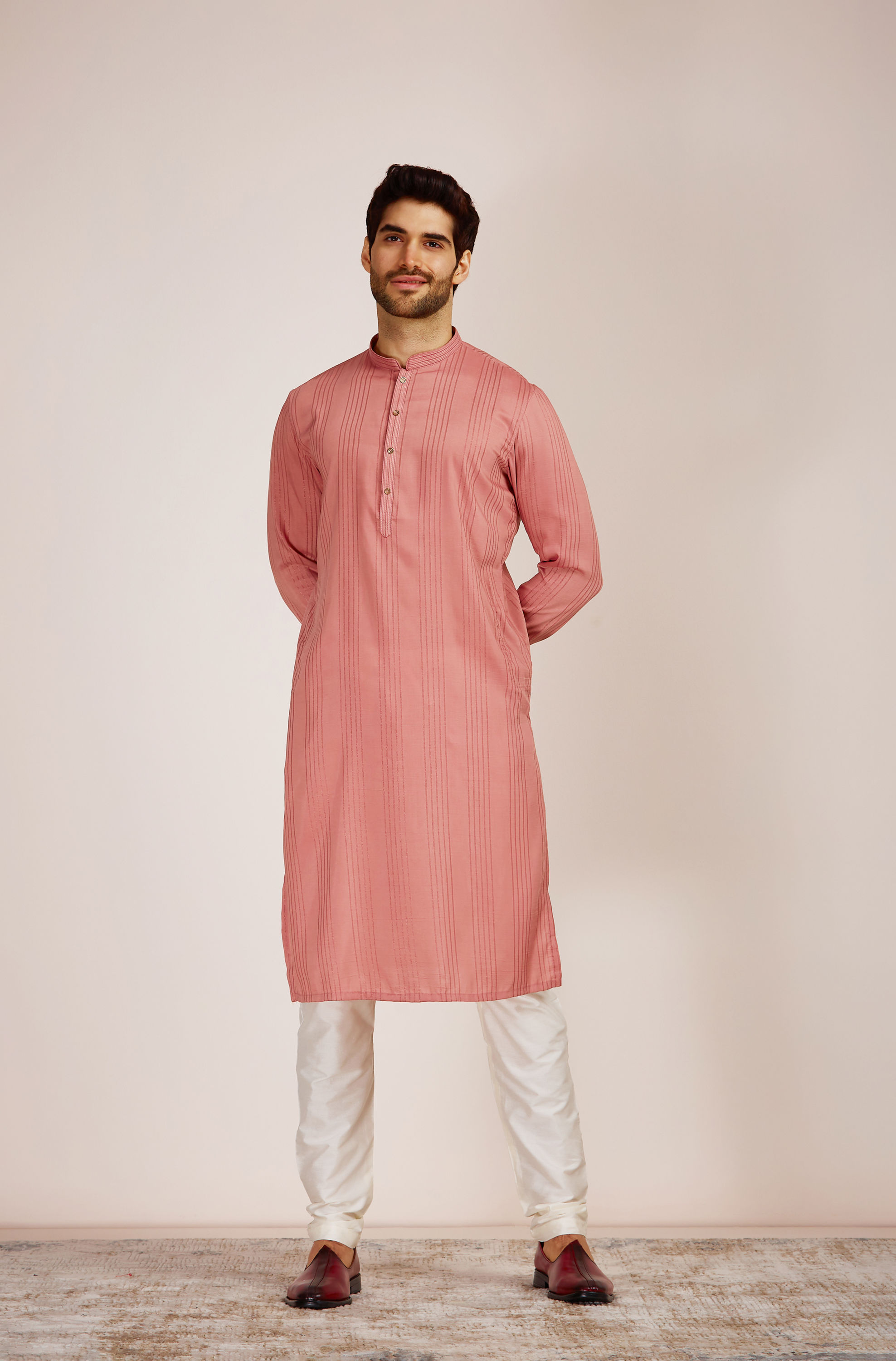 Manyavar Men Pink Striped Kurta Set