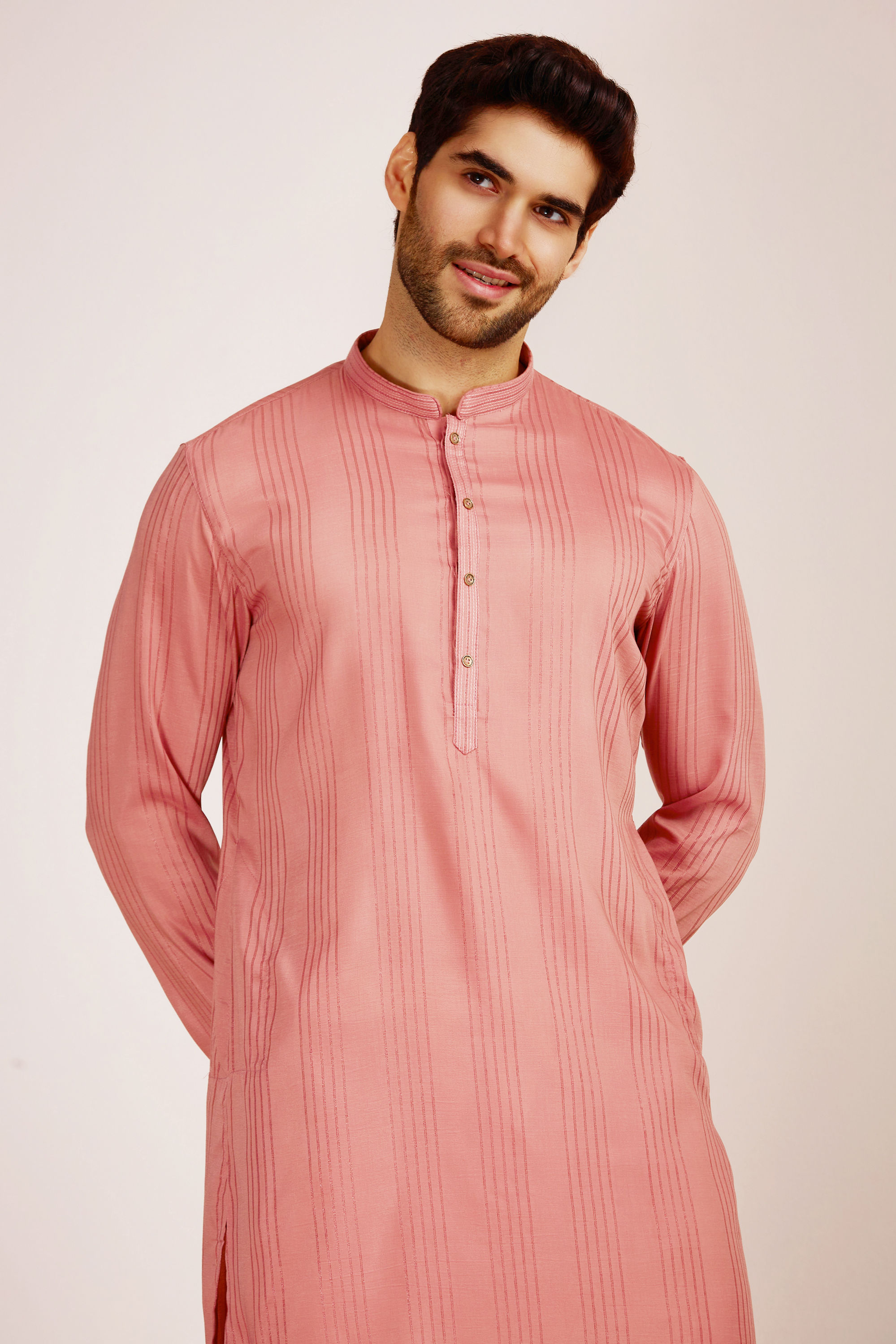 Manyavar Men Pink Striped Kurta Set