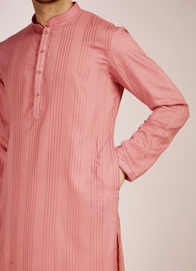 Manyavar Men Pink Striped Kurta Set