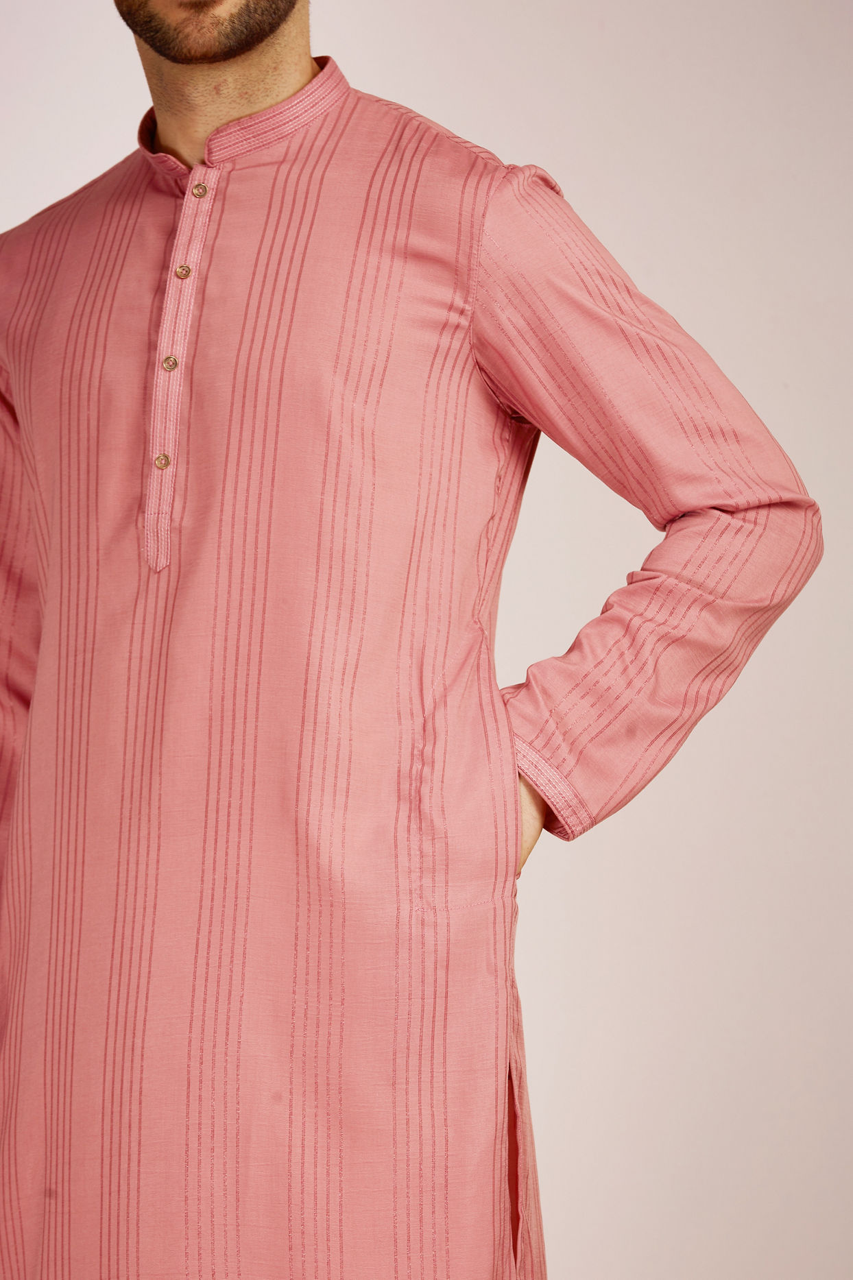 Manyavar Men Pink Striped Kurta Set