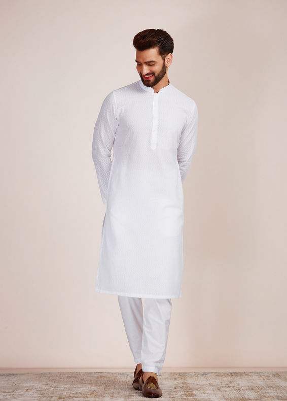 Manyavar Men Pristine White Wave Patterned Kurta Set