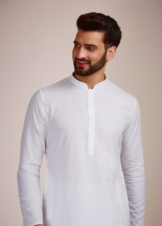 Manyavar Men Pristine White Wave Patterned Kurta Set