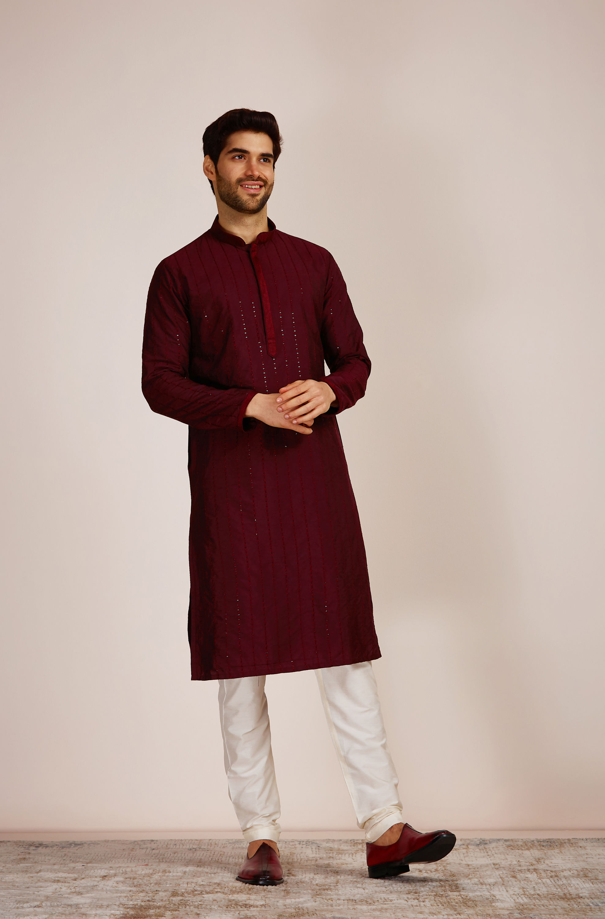 Manyavar Men Wine Red Kurta Set