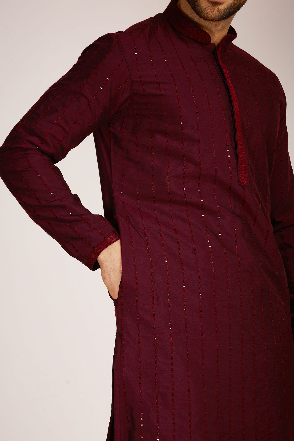 Manyavar Men Wine Red Kurta Set
