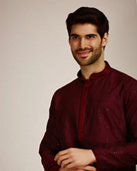 Manyavar Men Wine Red Kurta Set